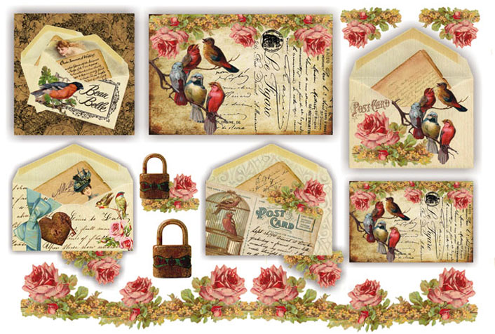 Рисовая бумага для декупажа Старые открытки с птицами и розы, новый дизайн, купить- магазин АртДекупаж